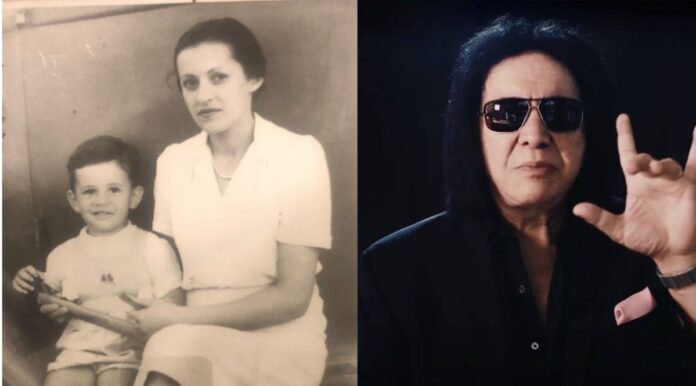 Gene Simmons in the frame, one with his mom and other his single picture