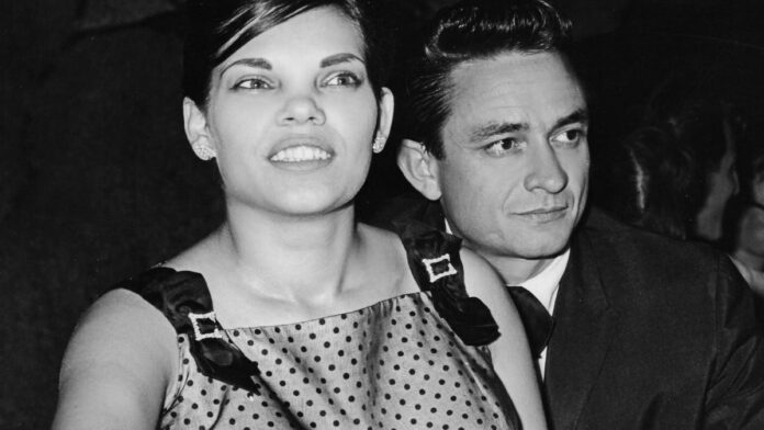 Black and white picture of Johnny Cash with his first wife Vivian.